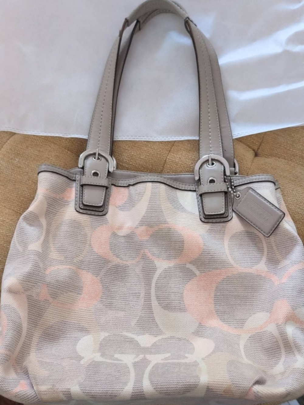 Coach Soho Optic linen Tote in Pale Pink & Cream with Gray Trim